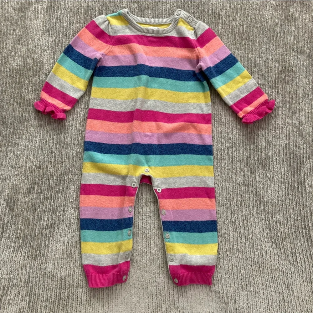 Baby Gap Rainbow Stripe Knit Romper 18-24M Cotton Girls Ruffle‎ Sleeves